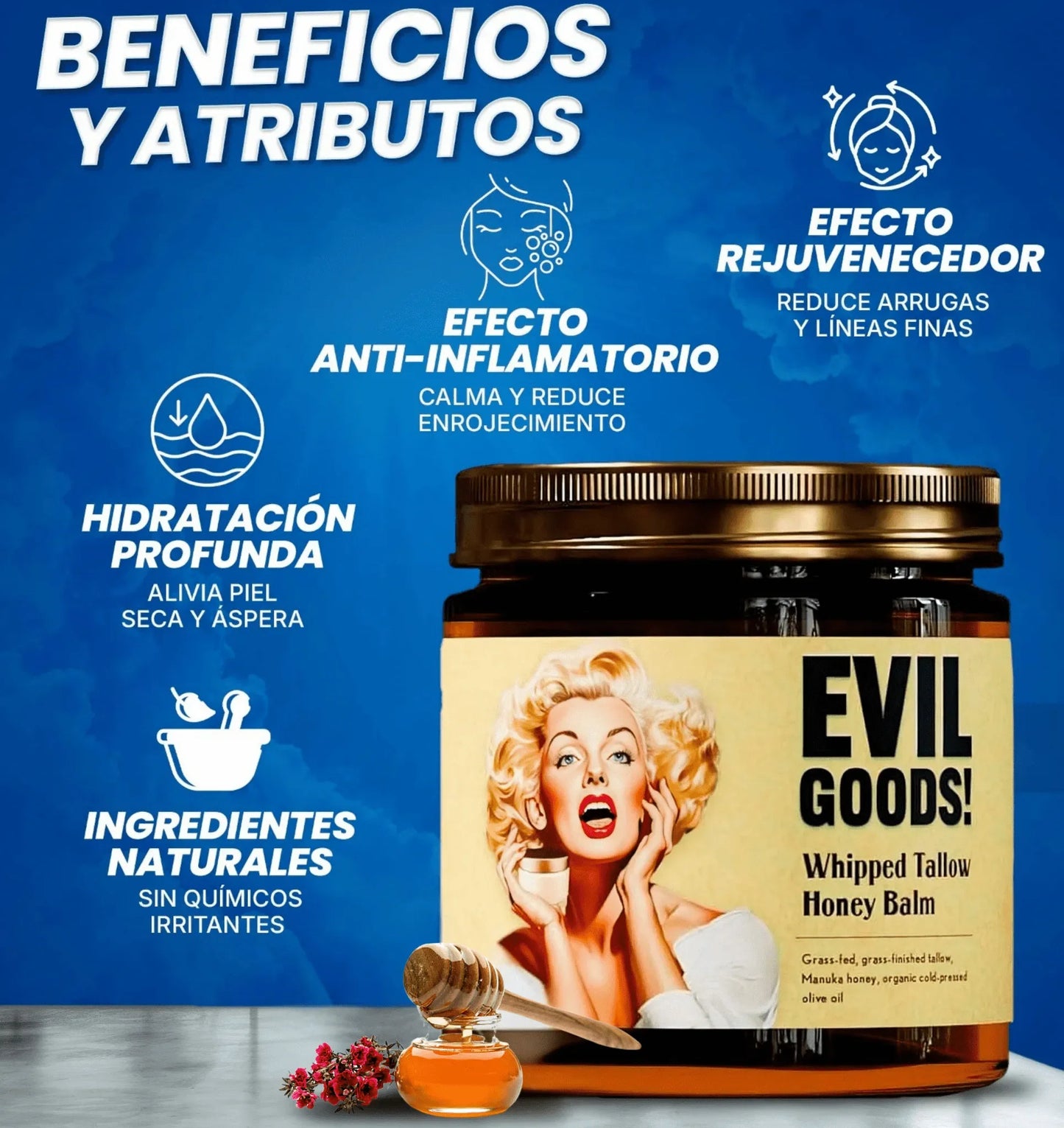EVIL GOODS® - BÁLSAMO DE MIEL Y SEBO DE RES, HIDRATACIÓN NATURAL, POTENTE PARA TU PIEL CON EFECTO ANTI ENVEJECIMIENTO