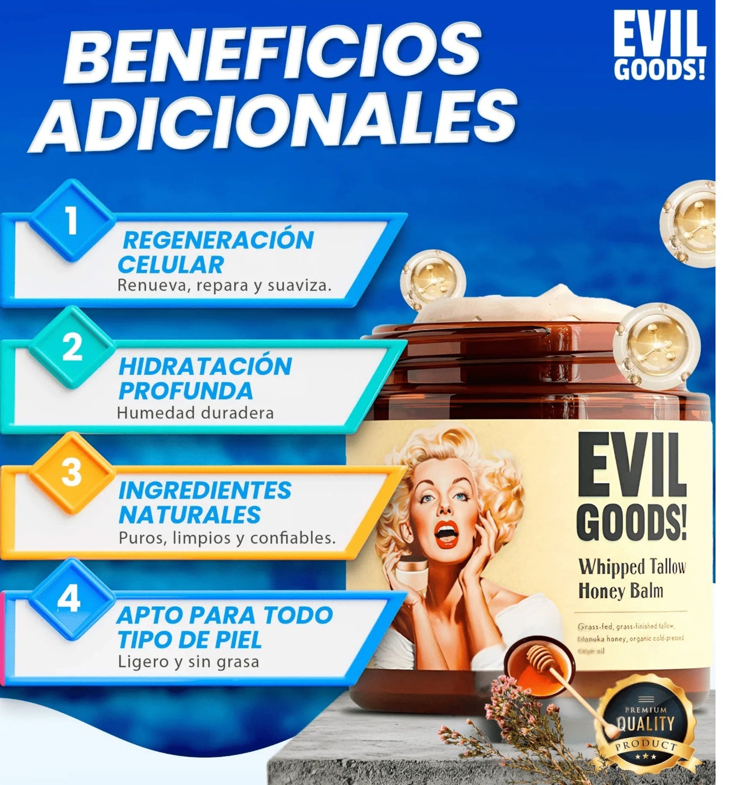 EVIL GOODS® - BÁLSAMO DE MIEL Y SEBO DE RES, HIDRATACIÓN NATURAL, POTENTE PARA TU PIEL CON EFECTO ANTI ENVEJECIMIENTO